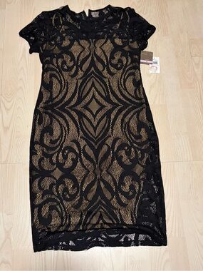 Taylor Dresses Black Lace Midi Dress with Nude Lining